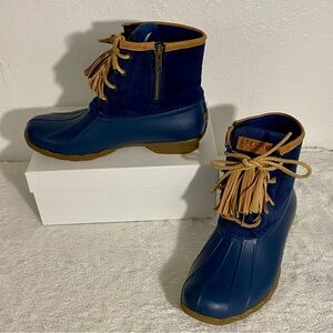 Sperry Saltwater Tassle Corduroy Duck Boots Women’s Size 8.5 Navy Blue Side Zip